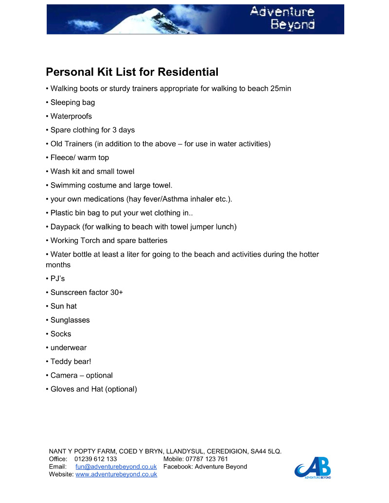 Example Kit list for residential